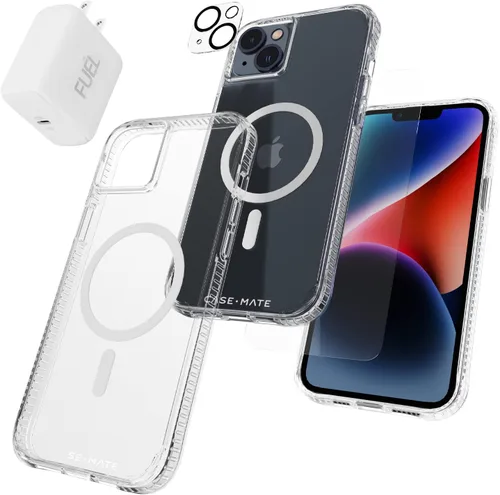 Vista 9 de Case-Mate Paquete de protección 4 en 1, funda para iPhone 14 Plus (negro pesado), vidrio templado, protector de lente y cargador USB C de 30 W