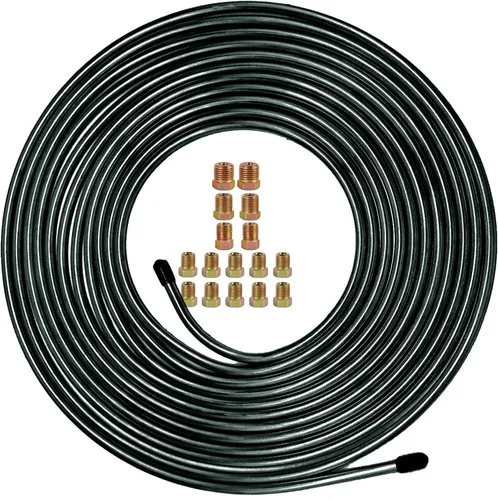 Kit de tubos de línea de freno MuHize de 3/16 pulgadas x 25 pies con 16 accesorios de estriado - Rollo de acero recubierto con PVF resistente a la