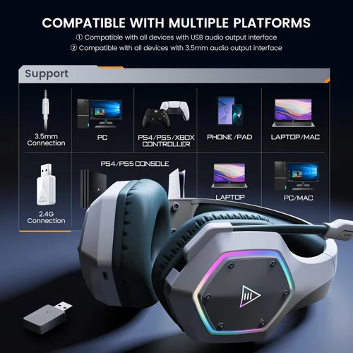 Vista 7 de EKSA E1000WT Wireless Gaming Headset,2.4GHz USB Gaming Headphones with Microphone for PC, PS5, PS4, Nintendo Switch, 7.1 Surround Sound Headset, RGB