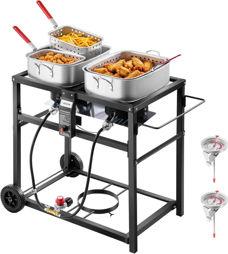 Vista 10 de VEVOR Freidora de propano para exteriores, freidora comercial de doble quemador, cocina de acero inoxidable de 16 cuartos de galón con cestas