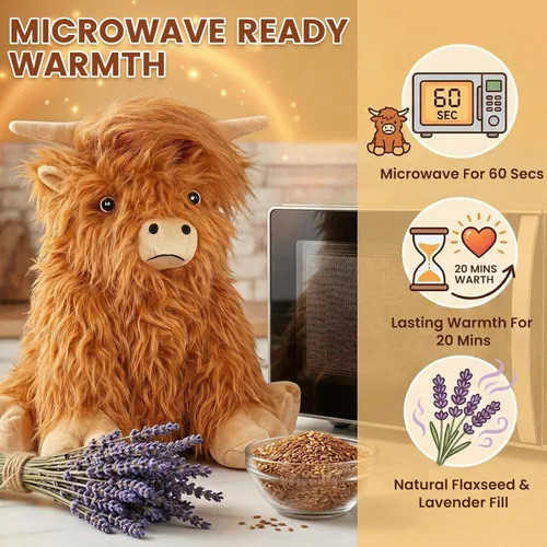 Vista 2 de SuzziPals Vaca de las Tierras Altas de Peluche Calentable y Enfriable, Almohadilla Calentable Microondable para Relajación y Alivio, Juguetes