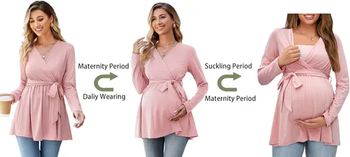 Vista 2 de OUGES Túnicas de maternidad para mujer, camisas de manga largacorta, cuello en V, ropa de maternidad para lactancia, blusa casual de embarazo