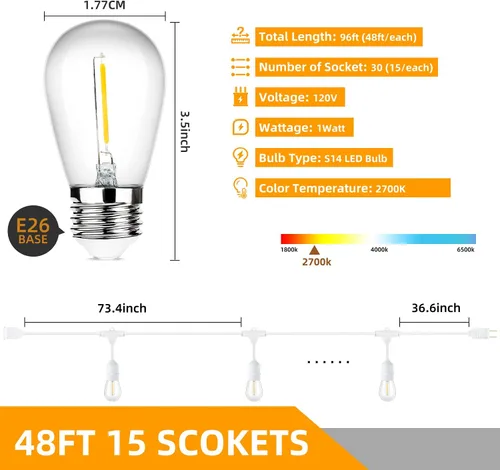 Vista 6 de Cadena de luces para exteriores de 96 pies (48 x 2), luz de patio de alambre blanco resistente de grado comercial con bombillas LED S14