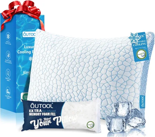 Vista 12 de QUTOOL - Almohada hipoalergénica, espuma viscoelástica, gel triturado, sistema enfriado, relleno regulable, firme, funda de bambú extraíble lavable