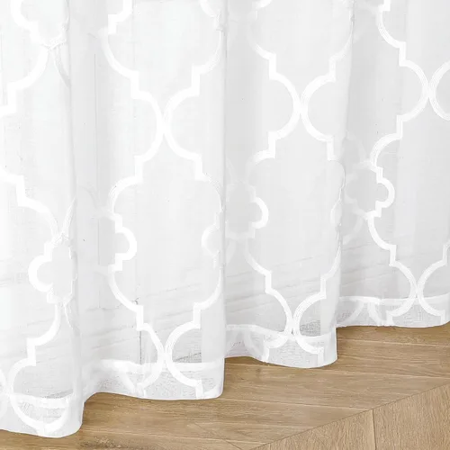 Vista 7 de Cortinas traslúcidas marroquíes para dormitorio, sala de estar, 95 pulgadas, celosía geométrica bordada en lino blanco, cortinas texturizadas
