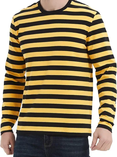 Casual Black White Striped T-Shirt Mens Long Sleeve Cotton Spandex Crewneck Manga larga (negro y amarillo)