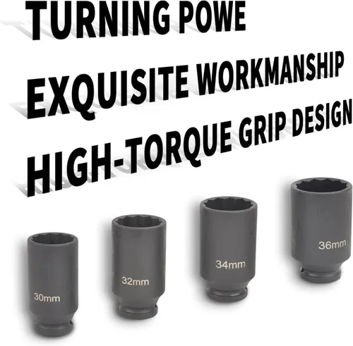 Vista 8 de 4 piezas de 1/2" de impulso profundo con juego de llaves de vaso de 12 puntos métrico 30mm 32mm 34mm 36mm, de servicio pesado con estuche