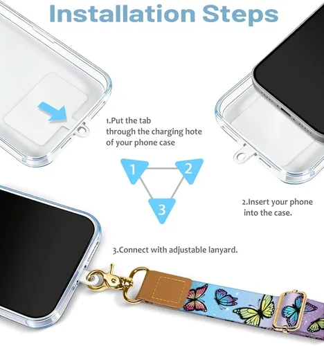 Vista 7 de Cordón cruzado para teléfono celular con correa para la muñeca, diseño de bonita mariposa, para colgar alrededor del cuello, correa ajustable