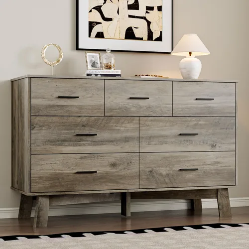 Vista 18 de BORNOON Cómoda para dormitorio con 7 cajones, cómoda moderna de 47.2 pulgadas de ancho con manijas de metal, base en forma de X y pata central