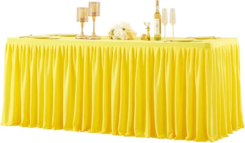 Vista 47 de Manteles de poliéster negro para mesas rectangulares de 4 pies, cubierta de mesa ajustada sin arrugas con falda de mesa plisada con volantes