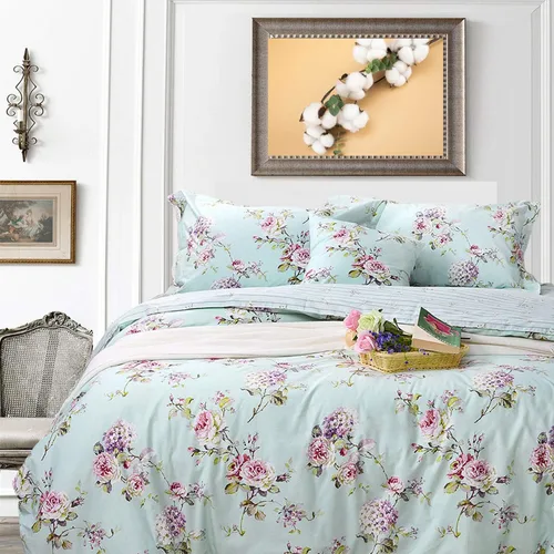 Vista 24 de FADFAY Juego de funda de edredón floral 100% algodón a rayas verdes y beige, ropa de cama de flores desgastadas con diseño de ramas botánicas