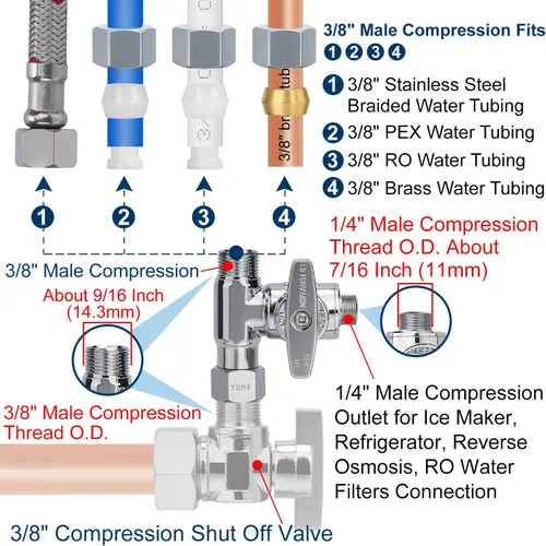 Vista 5 de Válvula Add-A-Tee de parada angular de latón, válvula de T de compresión de 3/8 x 3/8 x 1/4, Adaptador de agua de alimentación para refrigeradores