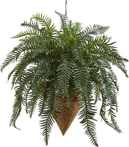 Vista 6 de Nearly Natural Helecho gigante de Boston de 26 pulgadas con cesta colgante de cono