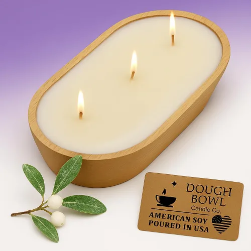Vista 7 de Dough Bowl Candle Co. Vela de Soja Beach Linen - 3 Mechas Decoración Rústica de Granja Eliminador de Olores en Cuencos de Madera, Vela de Cuenco