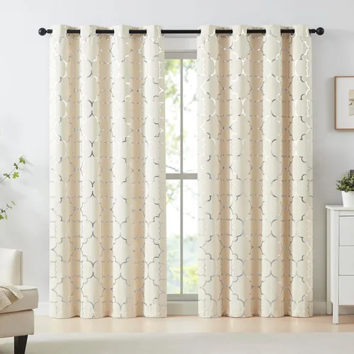 Vista 12 de Purainbow Paneles de cortinas opacas beige para dormitorio, 84 pulgadas, estampado metálico marroquí, cortinas de eficiencia energética