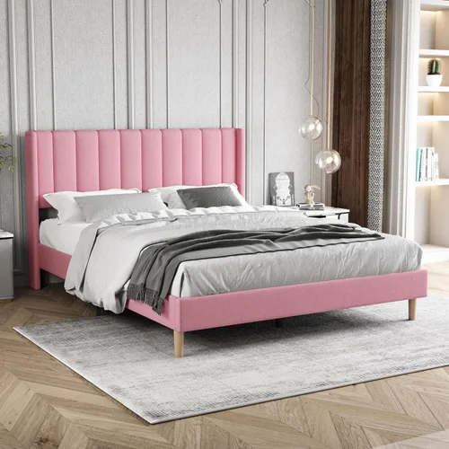Vista 98 de Zoophyter Base de cama tapizada tamaño King con cabecero, listones de madera fuertes, no necesita somier, fácil montaje, terciopelo beige