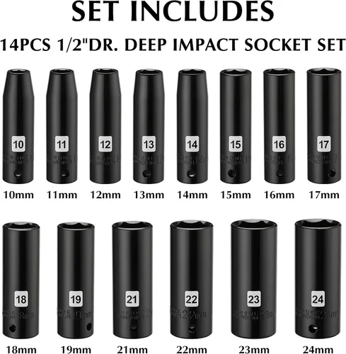 Vista 2 de EMENTOL Juego de llaves de vaso de impacto profundo de 1/2", métricas, 6 puntos, CR-V, 14 piezas de 1/2 pulgada Dr. Deep Socket Set, 0.394 in