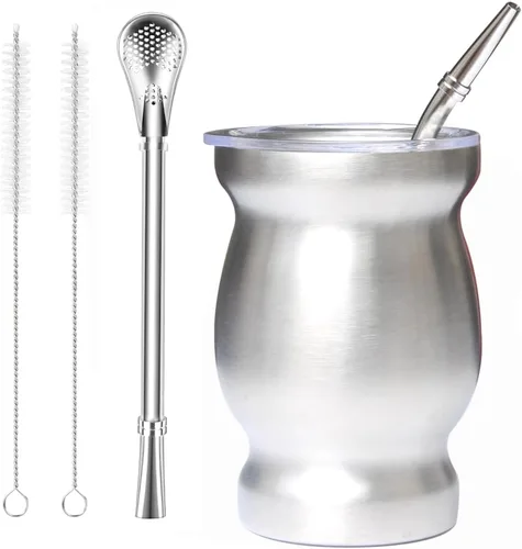 Vista 12 de Beruth Bombilla Yerba Mate Gourd, juego de tazas de té de acero inoxidable de 8 onzas con una tapa multifuncional, dos popotes y cepillos