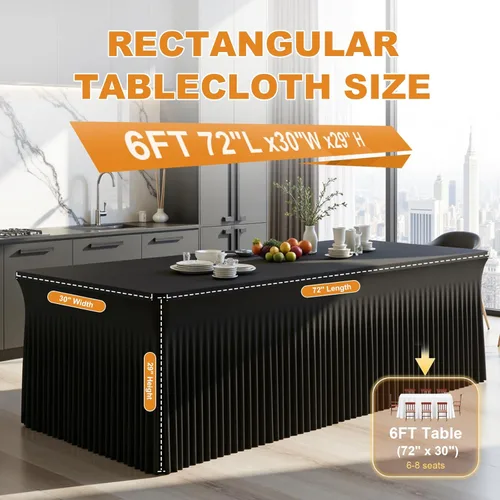 Vista 2 de Mantel rectangular de elastano negro, funda elástica ajustada para mesas rectangulares de 1,8 m, falda de mesa elástica sin arrugas para decoración