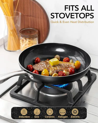 Vista 5 de MICHELANGELO Sartén pequeña – Sartén antiadherente de 8 pulgadas con tapa, sartenes de cerámica no tóxicas con mango de acero inoxidable, sartén