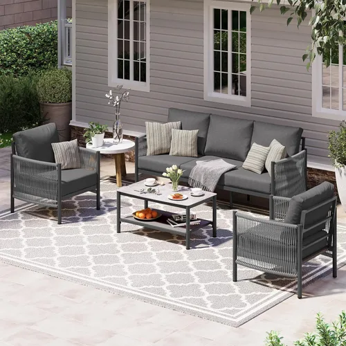 Vista 29 de Sofá de dos plazas de aluminio para patio exterior, sofá de patio de cuerda HDPE con cojín grueso lavable, muebles de patio para todo tipo de clima