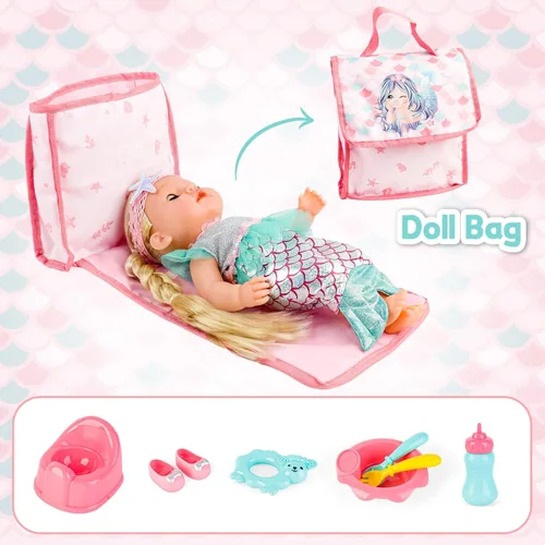 Vista 6 de deAO Muñeca de bebé, cochecito de cuna, cama de guardería, juego de rol, accesorios para muñecas y tapete de juego, cuna de viaje, cochecito