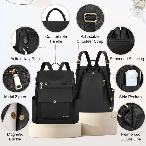 Vista 5 de NUBILY Mochila de cuero antirrobo para mujer, mochila de viaje, impermeable, casual, mochilas de moda, Negro -, Moda