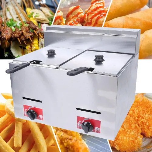 Vista 6 de Freidora comercial de gas LPG con cesta y tapa de 6.35 cuartos de galón x 2, encimera de acero inoxidable LPG Propano, olla para freír cocina