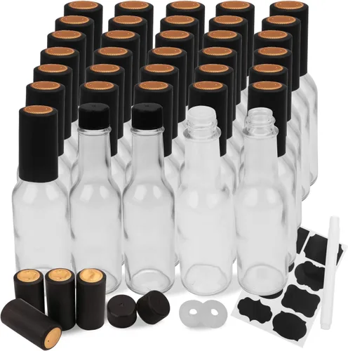 Vista 9 de Botellas de salsa picante de 5 onzas con tapas, Woozy transparente con cápsulas retráctiles, botellas de vidrio pequeñas para elaboración de vino