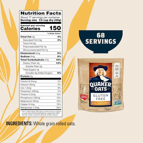 Vista 2 de Quaker - Avena Gluten Free Old Fashioned Rolled (sin gluten), Non GMO Project Verified (verificada como alimento no transgénico), bolsas resellables
