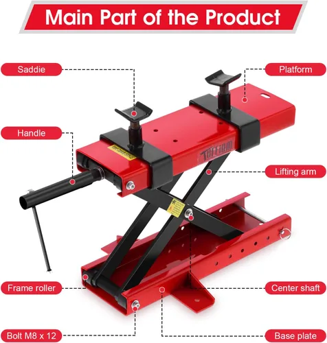 Vista 2 de Gato de motocicleta, 1100 libras, soporte de motocicleta de tijera, placa ancha con bloqueo de seguridad