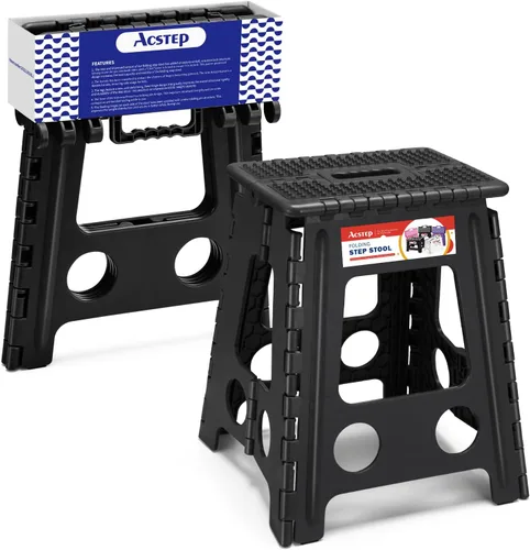 Vista 17 de ACSTEP Taburete plegable de 9 pulgadas, capacidad de 300 libras, taburete antideslizante con asa, taburetes plegables de plástico para niños, Negro