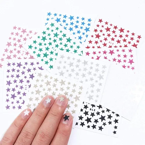 Vista 2 de Calcomanías adhesivas para arte de uñas, 10 hojas de decoración de uñas autoadhesivas 3D con estrellas brillantes con purpurina para decoración