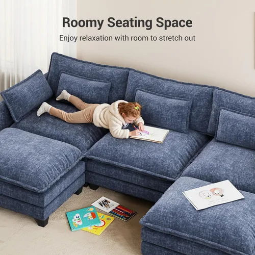 Vista 7 de Pipishell 110.6" U-Shaped Modular Sectional Sofa, 5-Seat Modern Chenille Deep Seat Comfy Cloud Couch with 2 Movable Ottoman & Throw Pillows for