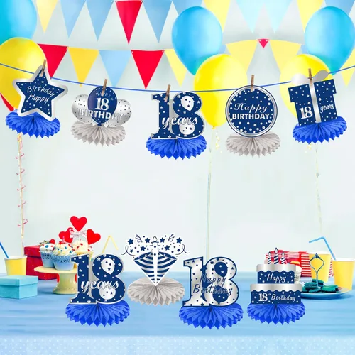 Vista 16 de Kauayurk - 8 centros de mesa de panal azul plateado para décimo cumpleaños de niños, suministros de fiesta de cumpleaños para decoración de mesa