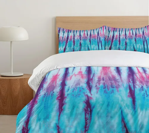 Vista 5 de Ambesonne Juego de funda de edredón étnico, primer plano de gradiente vertical, efecto de teñido anudado, hippie, alter vida, retro, juego de ropa