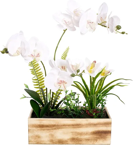 Arreglo de orquídeas artificiales de 20 pulgadas con maceta rústica Phalaenopsis, flores falsas que se ven reales para la decoración del hogar y la
