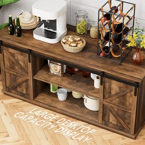 Vista 11 de Shahoo Aparador de estilo rústico para bufé, almacenamiento de barra de café con puertas corredizas de granero, estante para el comedor del hogar