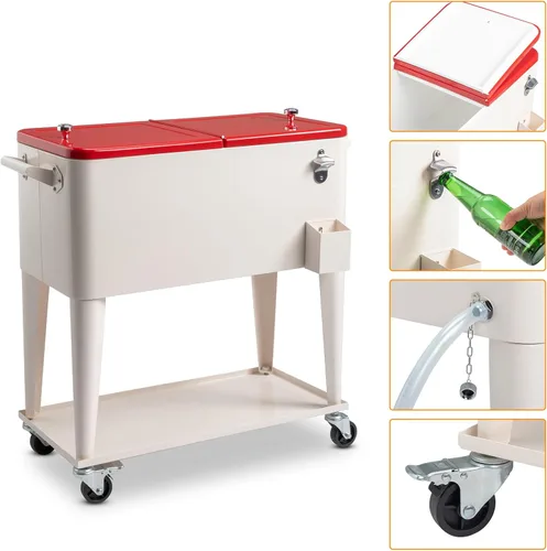 Vista 4 de Hielera con ruedas de 80 cuartos de galón de acero inoxidable con rueda y asa, enfriador de pie para bebidas, barra de bebidas, conveniente