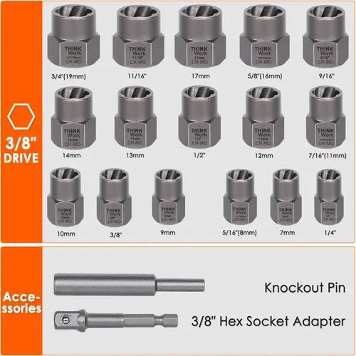 Vista 5 de THINKWORK Kit extractor de pernos, juego de 18 piezas de enchufes extractores de tuercas, removedor de pernos redondeados de 3/8 pulgadas