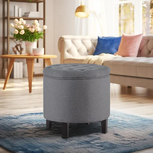 Vista 7 de Belleze Nailhead Ottoman para almacenamiento redondo, grande, reposapiés, banco, mesa para café con parte superior elevable, (Gris /Beige), Beige