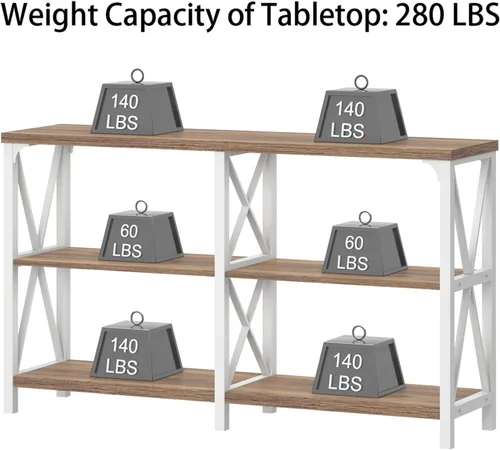 Vista 14 de IBF Mesa de entrada de granja, mesa consola larga rústica detrás del sofá, moderna mesa de sofá de madera de metal con estantes de almacenamiento