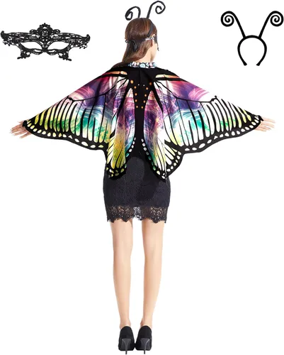 Tibeha Alas de mariposa para mujeres y niñas, disfraz de Halloween para adultos con máscara y diadema de antena