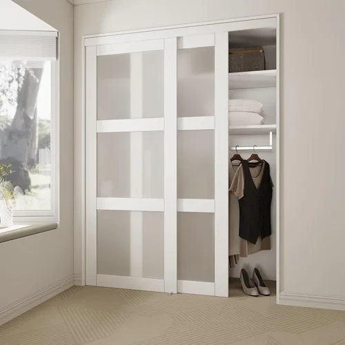 Vista 13 de Puerta corrediza de armario de 60 x 80 pulgadas para dormitorios, puerta de vidrio templado esmerilado 5-Lite con herrajes, paneles deslizantes