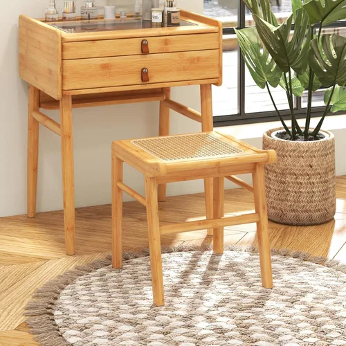 Vista 2 de CHARMAID Taburete de tocador, reposapiés otomano de bambú con asiento de ratán, almohadillas antideslizantes, banco de silla de tocador