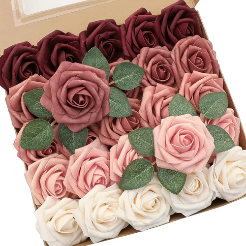 Vista 14 de Floroom Flores artificiales, 25 piezas de rosas falsas de espuma de color verde azulado de aspecto real con tallos para bricolaje, ramos de boda