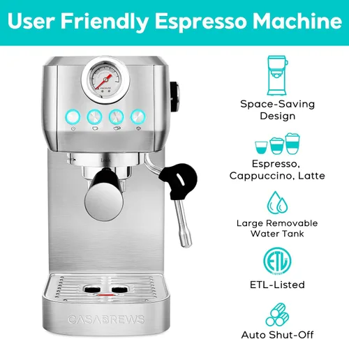 Vista 2 de CASABREWS Espresso Machine 20 Bar, Professional Coffee Maker With Steam Milk Frother, Stainless Steel Coffee Machine with Removable Water Tank for