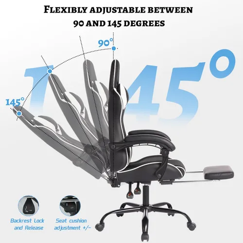 Vista 7 de Ergonomic Gaming Chair with Massage Lumbar Pillow, Reclining Racing Seat, Adjustable Footrest for PC Game Office, Black and White PU Leather