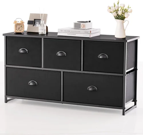 Giantex Cómoda negra para dormitorio con 5 cajones, amplio organizador de almacenamiento de ropa con 5 cubos de tela, marco de metal resistente,
