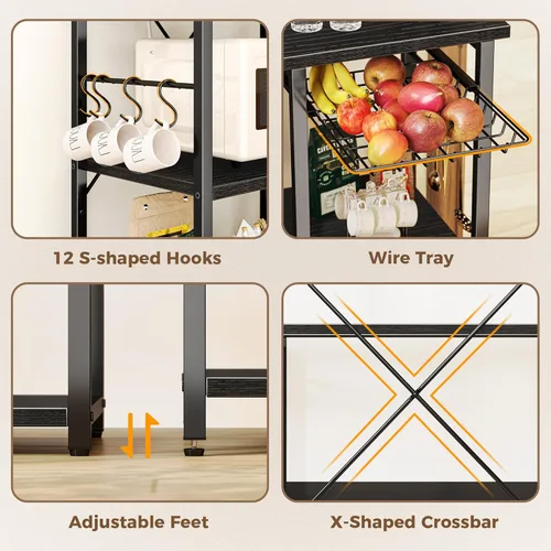 Vista 7 de SUPERJARE Estante grande de panadería con tomas de corriente, soporte para microondas de 6 niveles, barra de café con 12 ganchos en forma de S